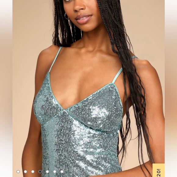 NWOT: Lulu’s Night of Perfection Mint Blue Sequin Cowl Back Mini Dress - Picture 3 of 6